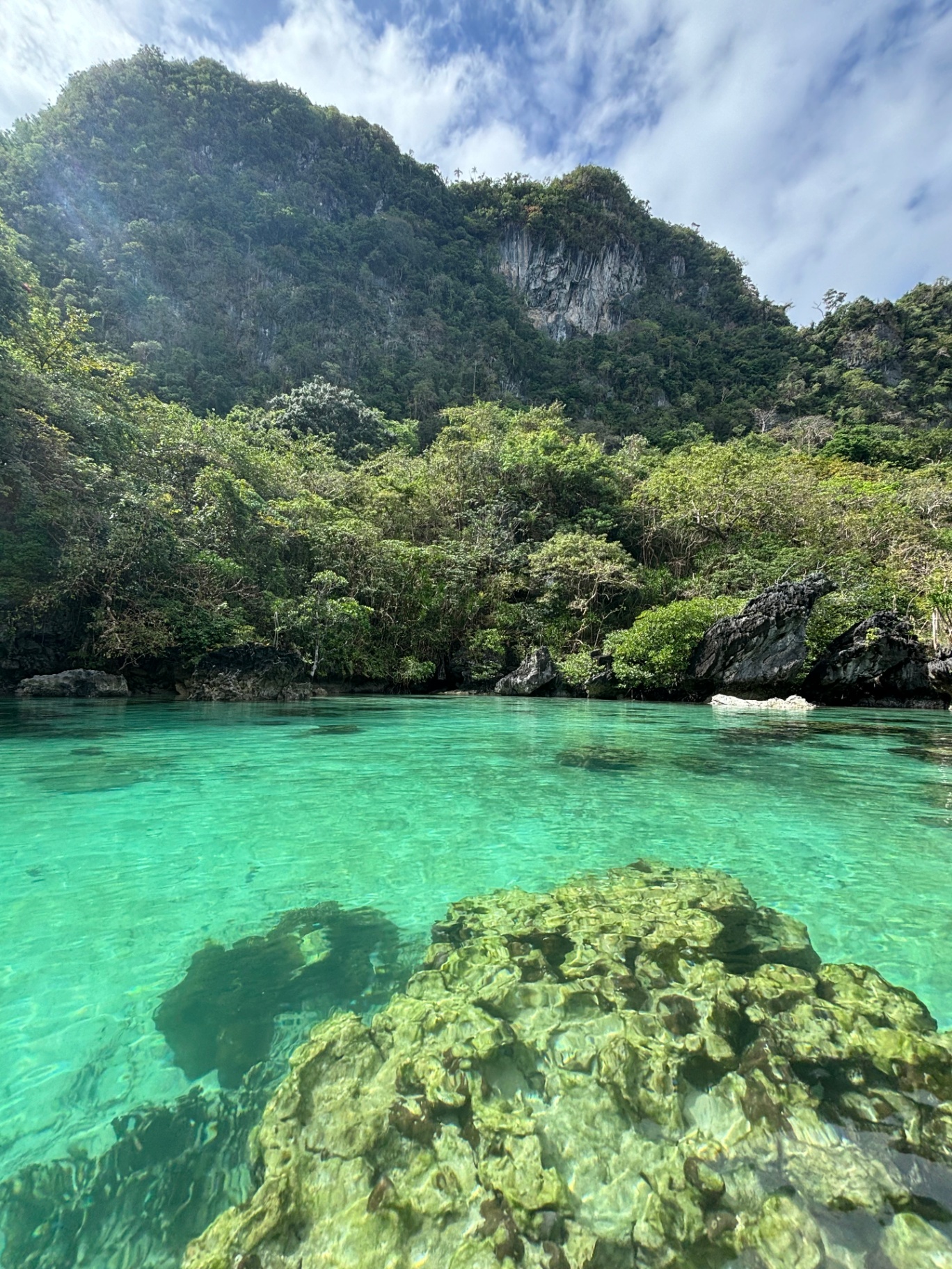 Kristalhelder tropisch water met kalksteenrotsen